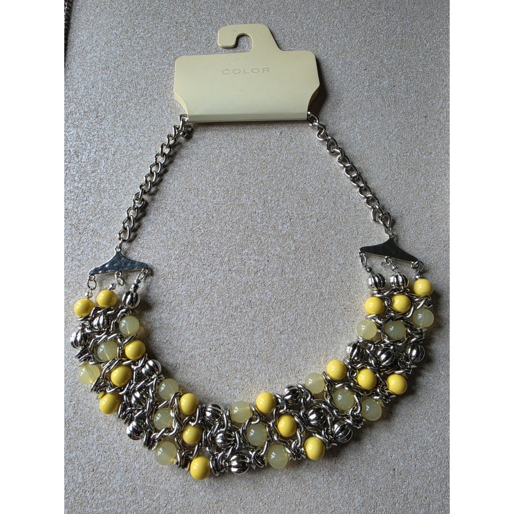 Chunky Yellow Beaded Silver Tone Bib Statement Necklace and Bracelet set Color
